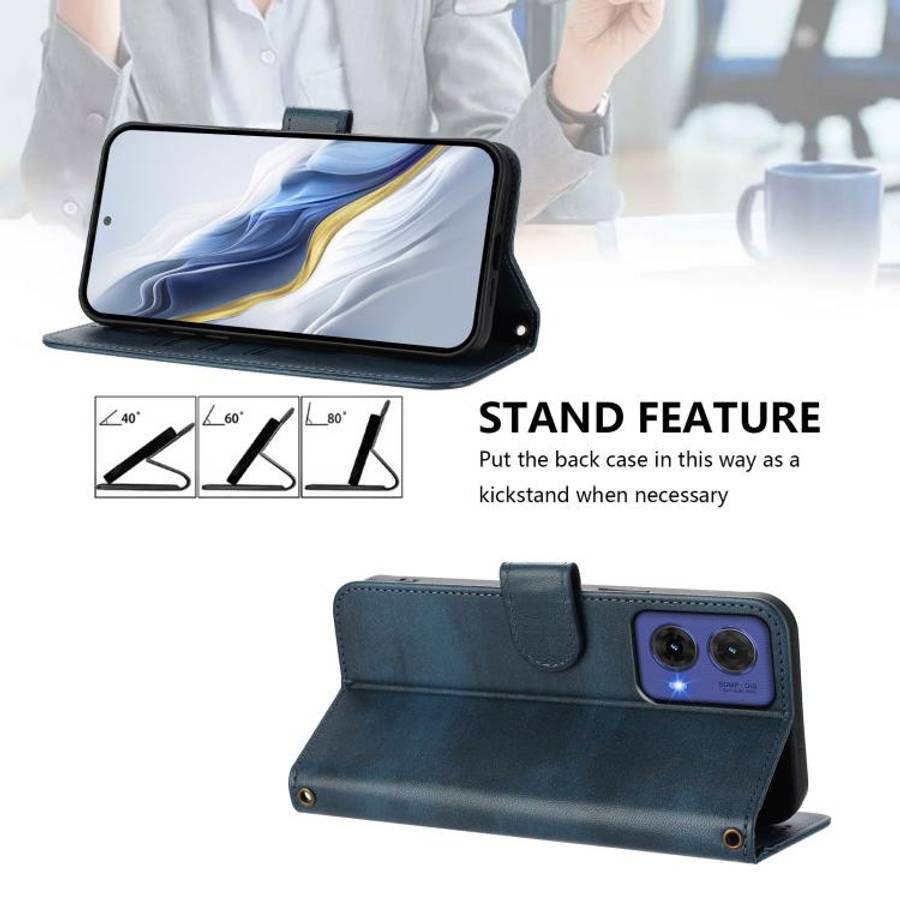 For Motorola Moto G85 5G Line Splicing Buckle Retro Leather Phone Case(Dark Blue)