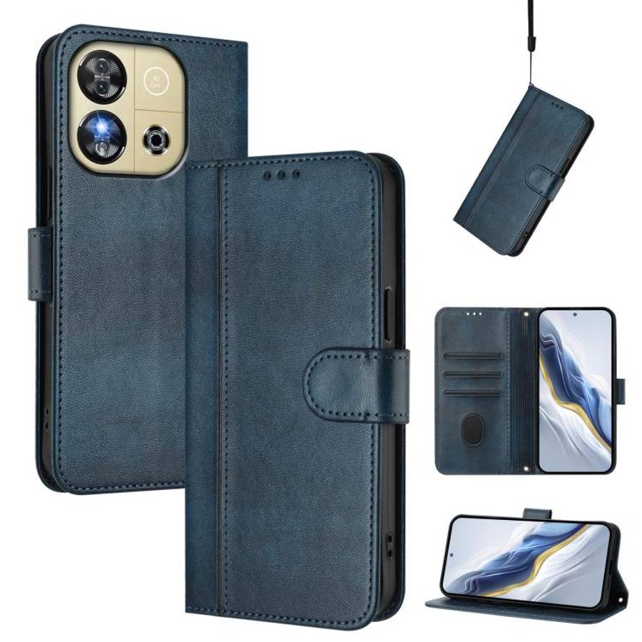 For Oukitel C57S / C57 Pro / Blu J12 Line Splicing Buckle Retro Leather Phone Case(Dark Blue)