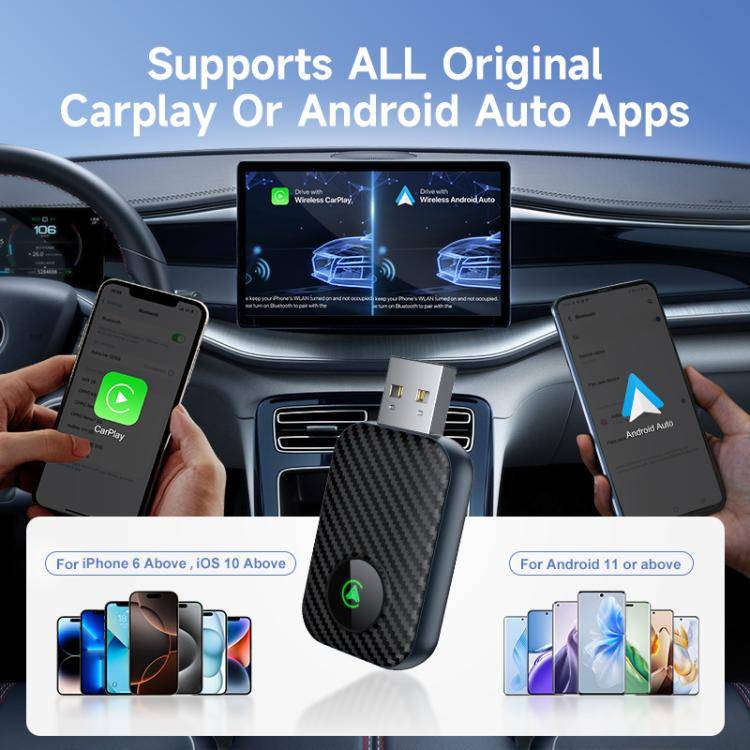 2 in 1 USB Wired to Wireless Car CarPlay / Android Box Adapter, with USB and Type-C Cable(Black)