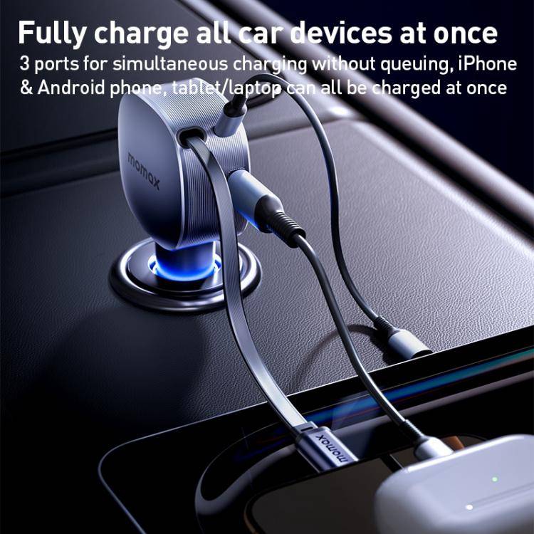 MOMAX UC19 60W 3 in 1 Car Charger with Retractable Cable(Dark Grey)