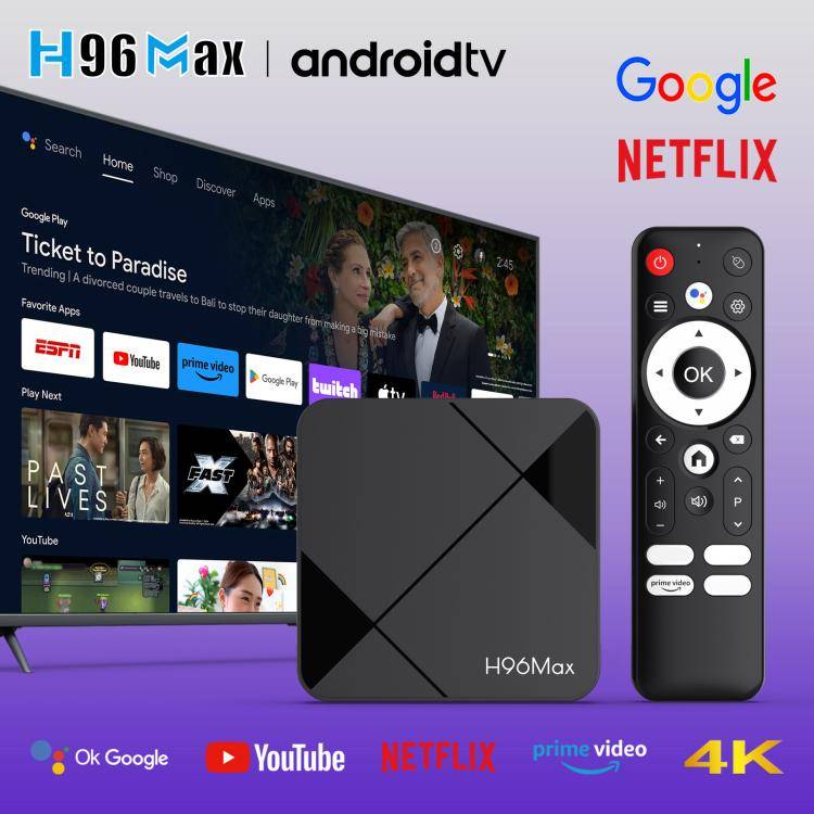 H96Max 4K UHD Android 14 Smart TV Box with Remote Control, RK3518 Quad-Core 2GB+16GB(UK Plug)