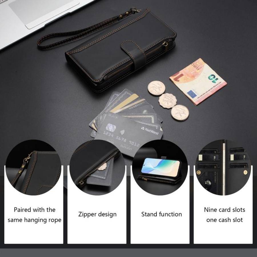 For Doogee N60 Pro Magnetic Closure 9 Card Slots Zipper Leather Case with Hand Strap(Black)