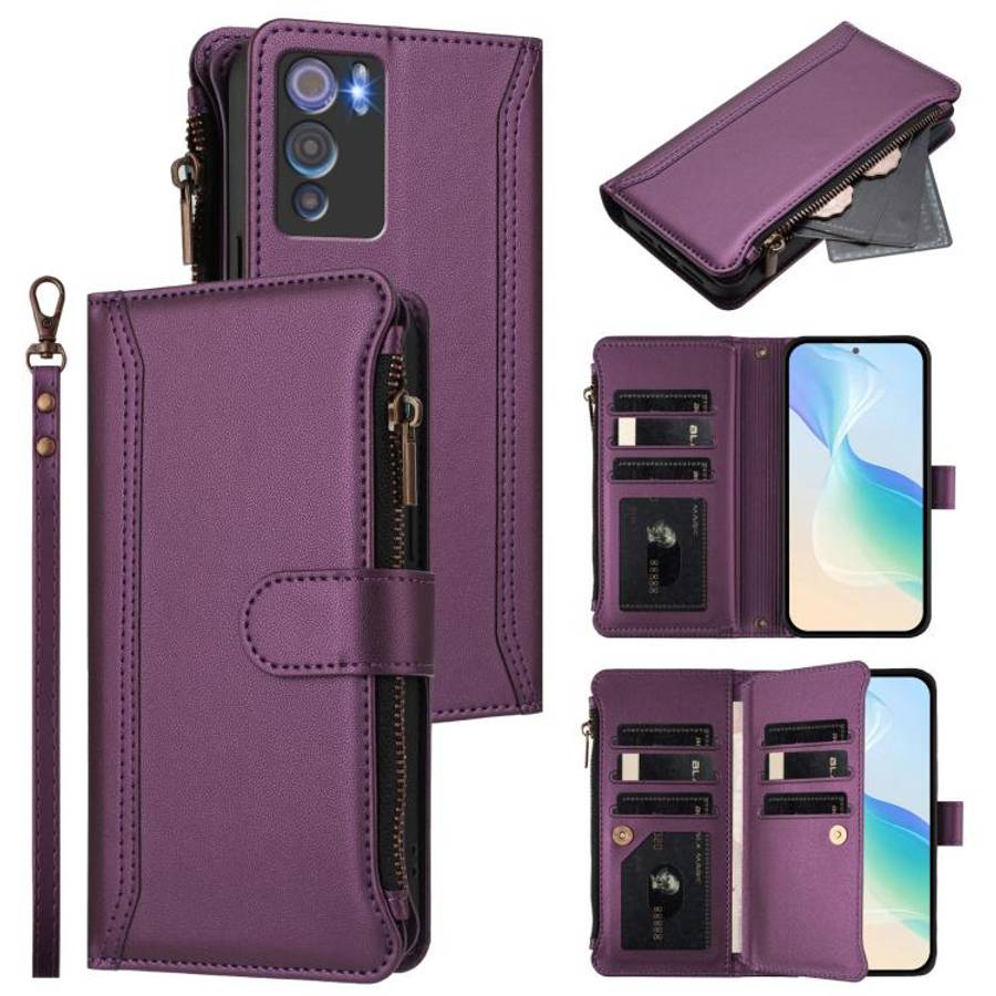 For Doogee N60 Pro Magnetic Closure 9 Card Slots Zipper Leather Case with Hand Strap(Purple)
