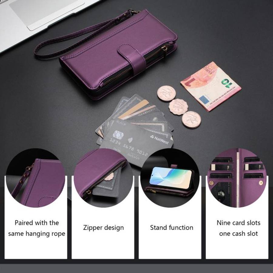 For Doogee N60 Pro Magnetic Closure 9 Card Slots Zipper Leather Case with Hand Strap(Purple)