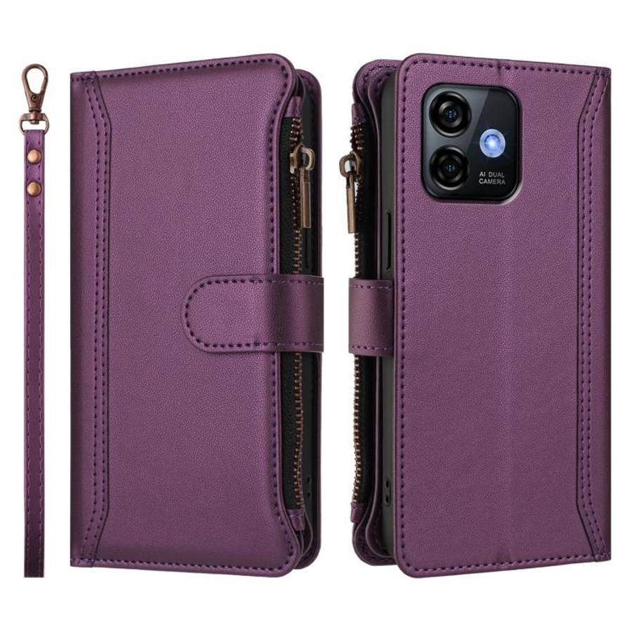 For Ulefone Note 16 Pro Magnetic Closure 9 Card Slots Zipper Leather Case with Hand Strap(Purple)