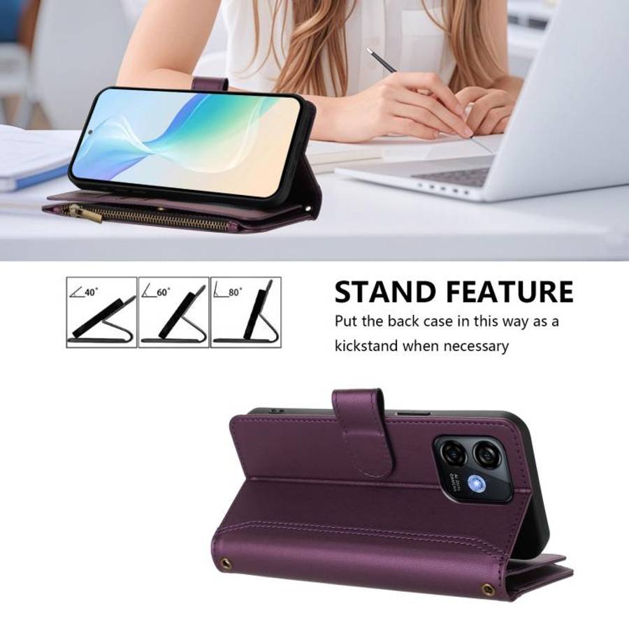 For Ulefone Note 16 Pro Magnetic Closure 9 Card Slots Zipper Leather Case with Hand Strap(Purple)