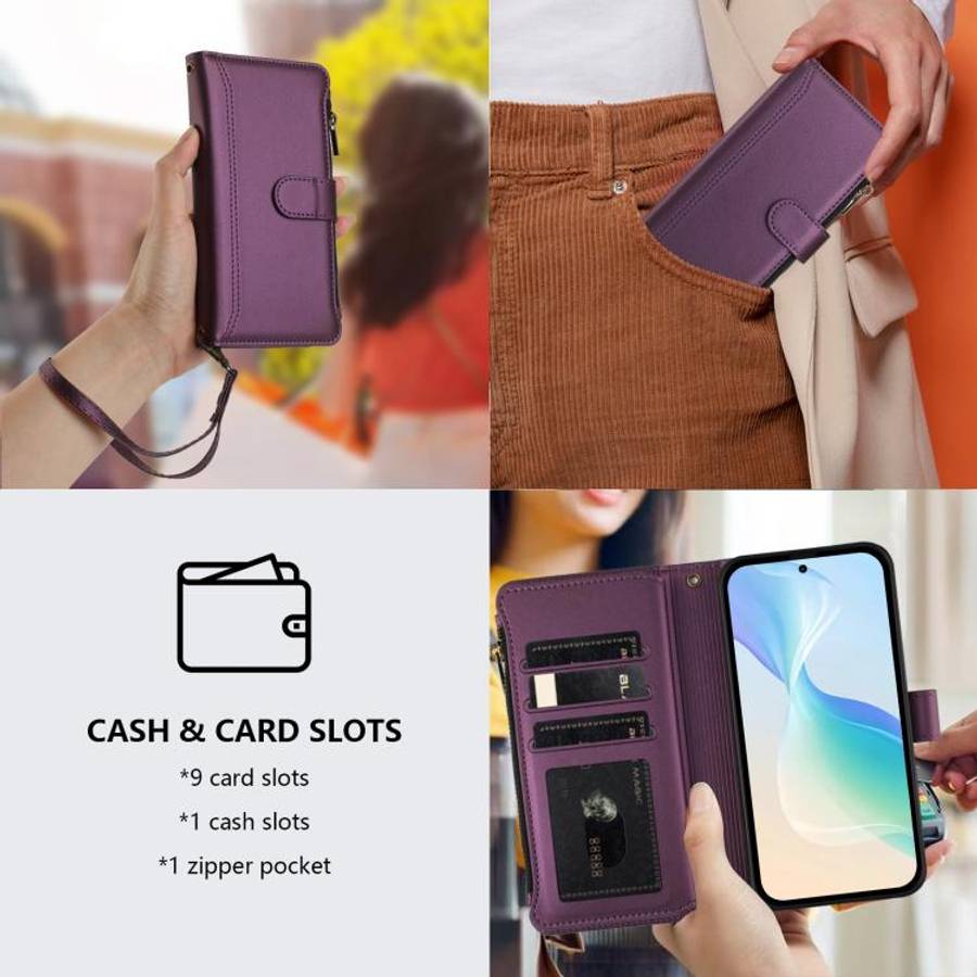 For Ulefone Note 16 Pro Magnetic Closure 9 Card Slots Zipper Leather Case with Hand Strap(Purple)
