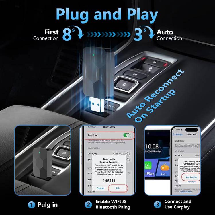 2 in 1 USB Wired to Wireless Car CarPlay / Android Auto Box Adapter(Black)