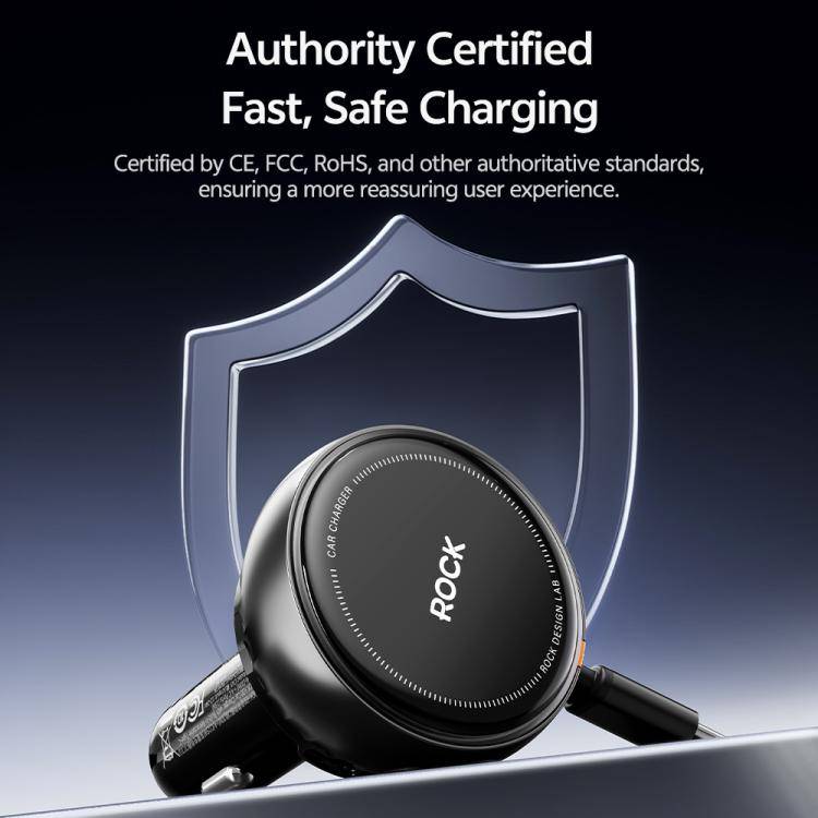 ROCK H30 45W USB-A Type-C Ports Car Charger with Retractable Type-C Cable(Black)