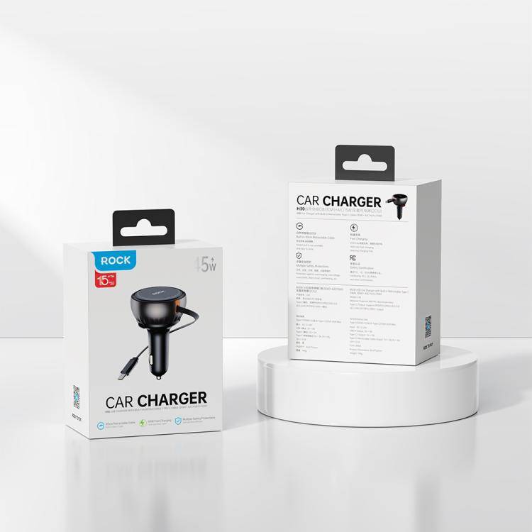 ROCK H30 45W USB-A Type-C Ports Car Charger with Retractable Type-C Cable(Black)