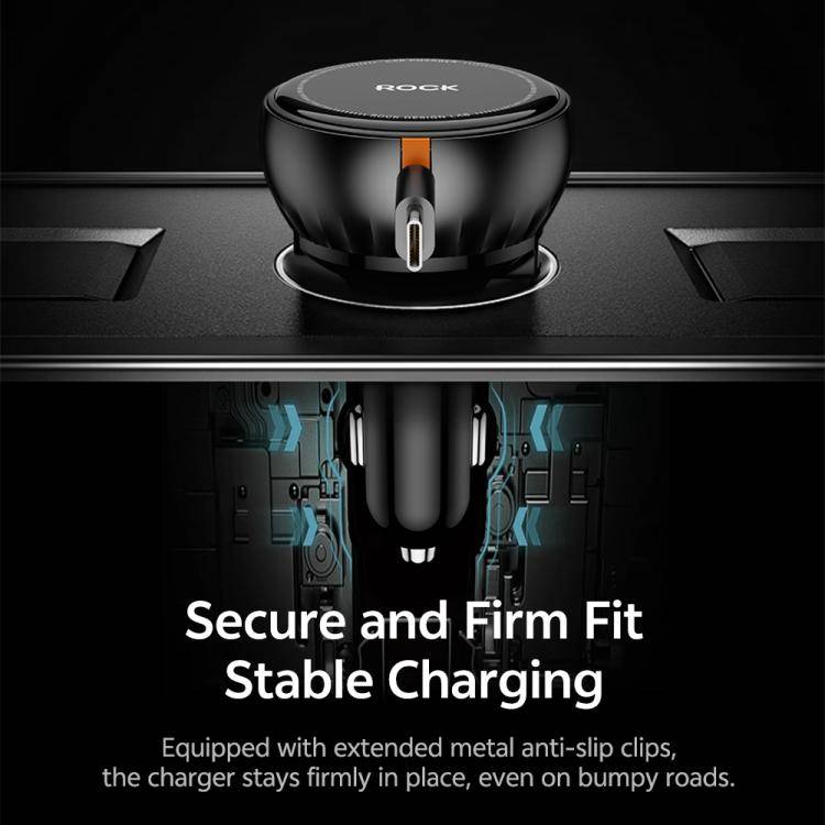 ROCK H30 45W USB-A Type-C Ports Car Charger with Retractable Type-C Cable(Black)
