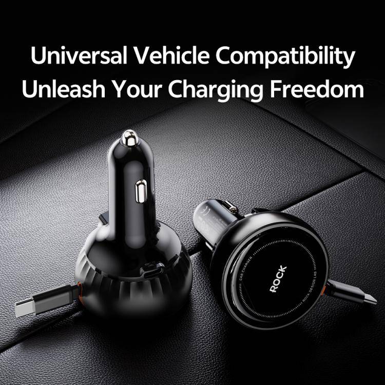 ROCK H30 45W USB-A Type-C Ports Car Charger with Retractable Type-C Cable(Black)