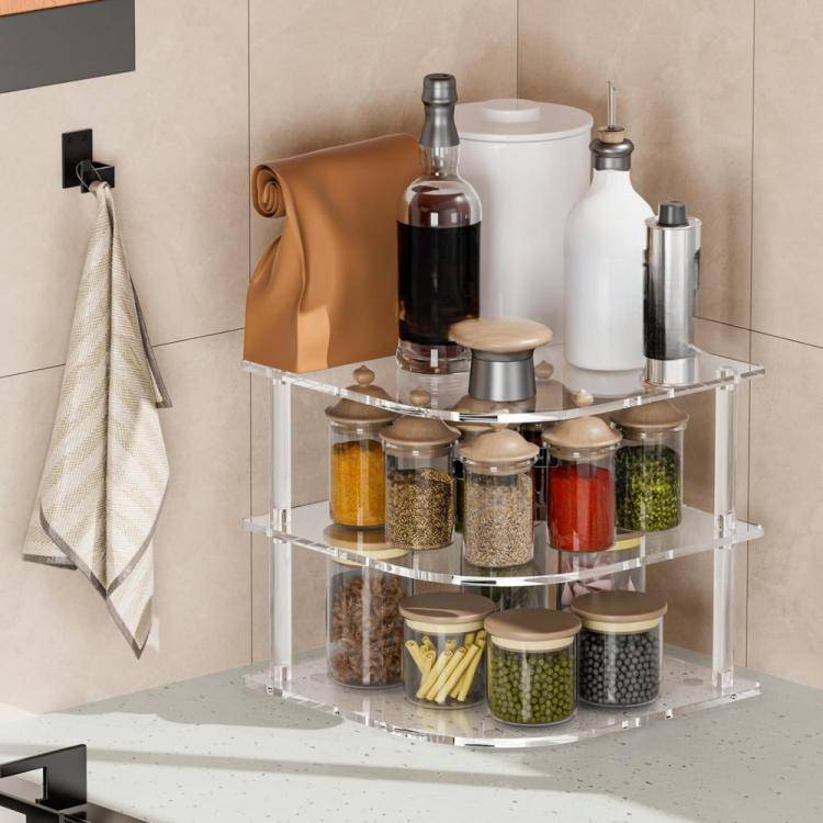 YX165 Acrylic 3 Tier Corner Plates and Bowls Organizer Shelf(Transparent)