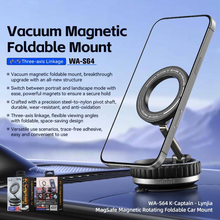 WK WA-S64 K-Captain Lynjia MagSafe Magnetic Rotating Foldable Car Phone Holder(Black)