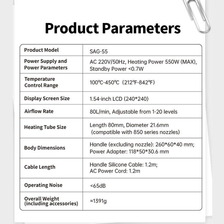 FNIRSI SAG-55 550W High Temperature Portable Micro Hot Air Gun, Type:High-match Metal Base(US Plug)