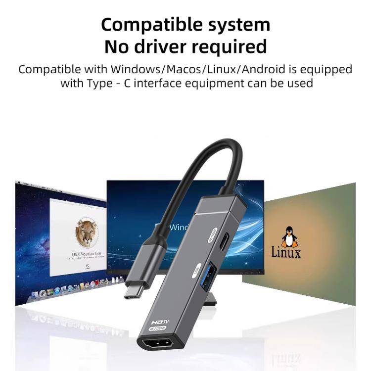 Type-C to Type-C, USB-A, HDMI HUB Docking Station(Grey)