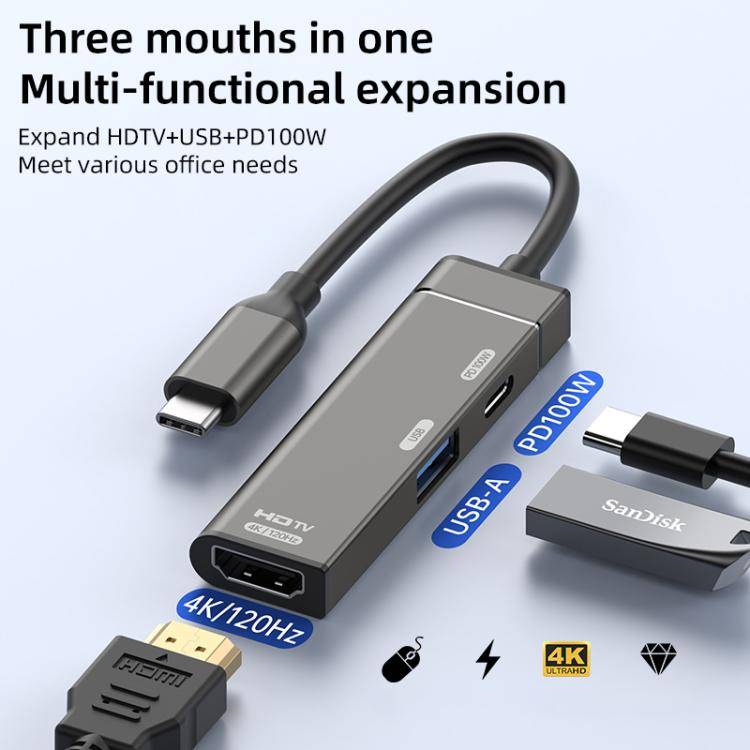 Type-C to Type-C, USB-A, HDMI HUB Docking Station(Grey)