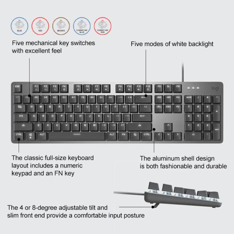 Logitech K845 Backlit Mechanical Wired Keyboard, Cable Length: 1.8m, Type:Longhua-Brown Axis(Black)