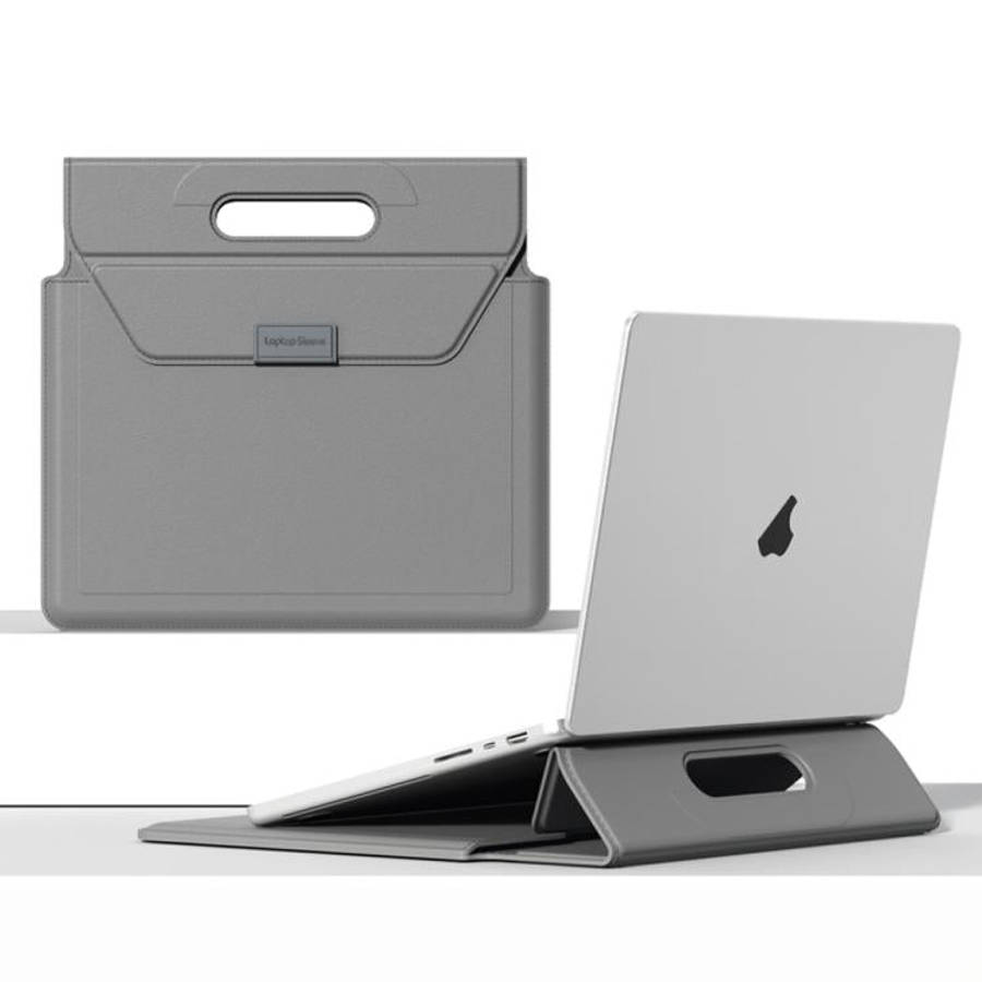 For 13 / 14 inch Handle Portable Laptop Briefcase PU Leather Laptop Sleeve with Foldable Stand(Grey)