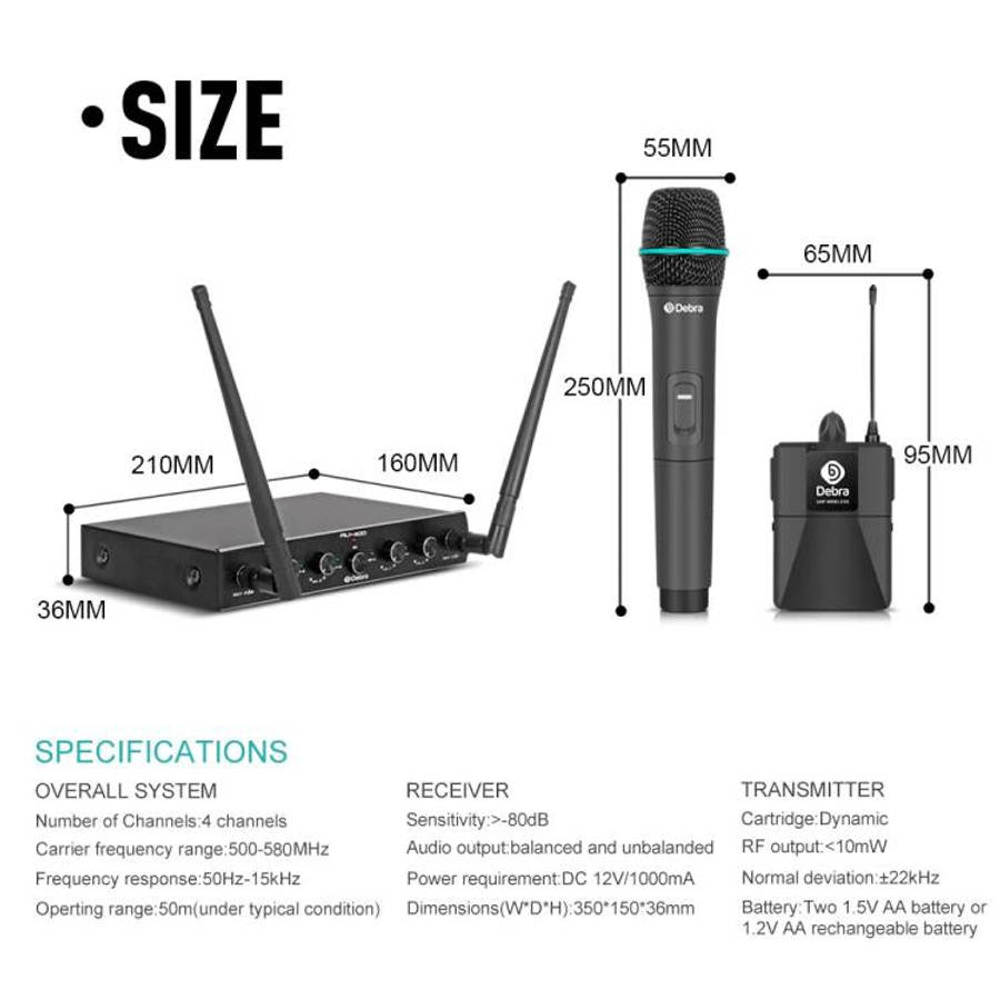 DEBRA AU-400 UHF Wireless Microphone System 4-in-1 for Performance Conference KTV, Model:2 Handhe...
