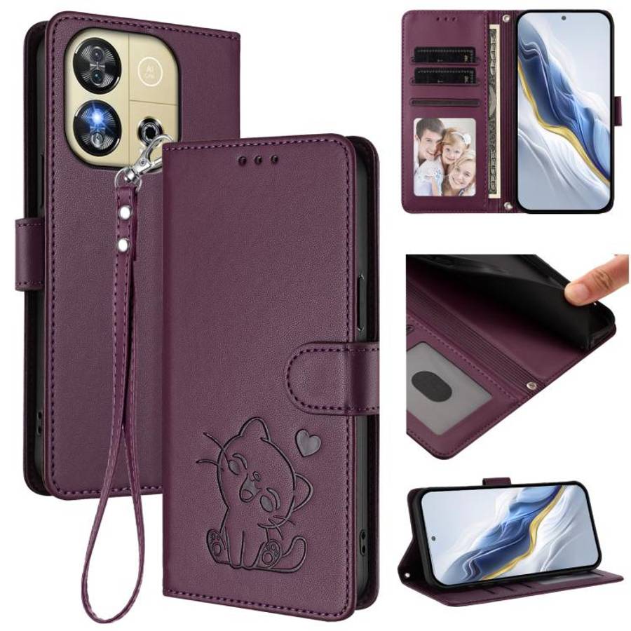 For Oukitel C57S / C57 Pro / Blu J12 Embossed Heart Cat Leather Phone Case with Hand Strap(Dark P...