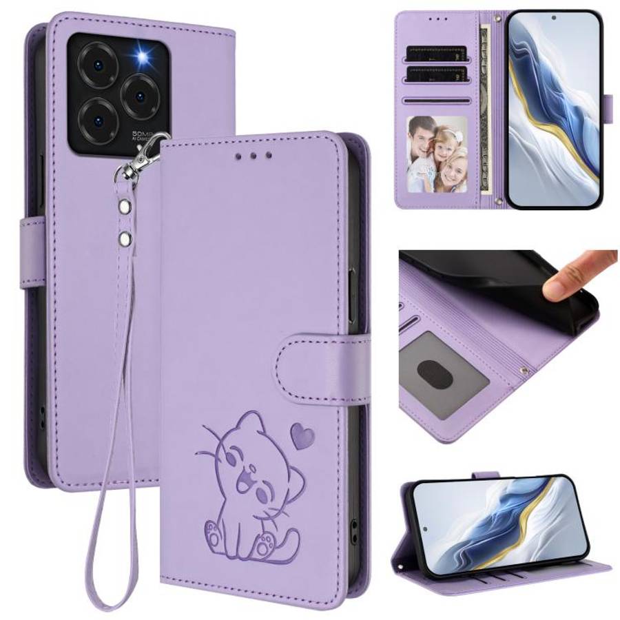 For Ulefone Note 20 Pro Embossed Heart Cat Leather Phone Case with Hand Strap(Light Purple)