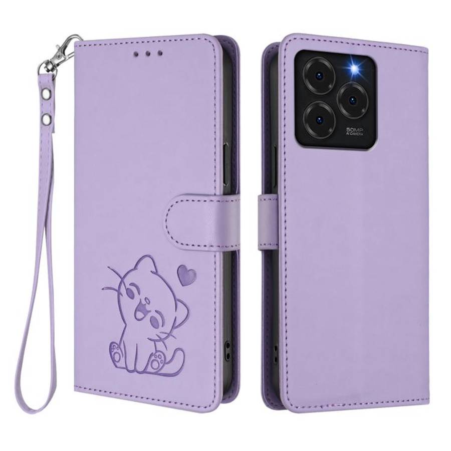 For Ulefone Note 20 Pro Embossed Heart Cat Leather Phone Case with Hand Strap(Light Purple)