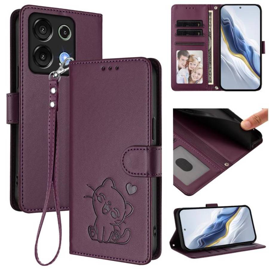 For Umidigi G9 5G / Note 9 5G Embossed Heart Cat Leather Phone Case with Hand Strap(Dark Purple)