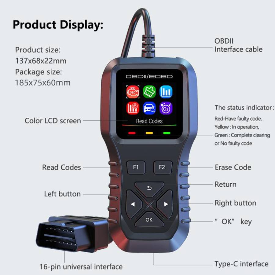 K1 Car OBDII Diagnostic Tool Smart Engine Fault Detector(Grey Black)