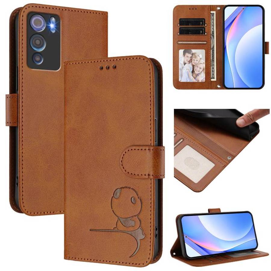 For Doogee N60 Pro Litter Panda Embossing RFID Leather Phone Case with Lanyard(Brown)