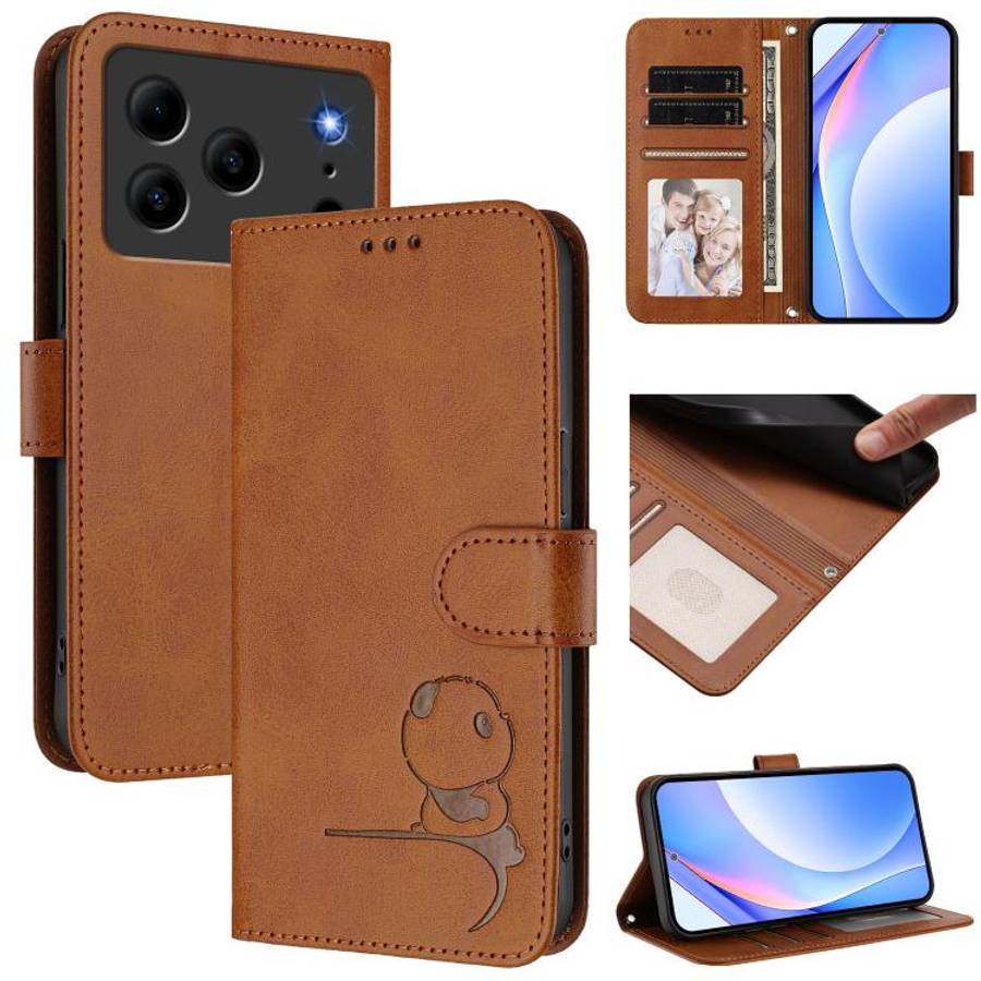 For Doogee N56 / N56 Pro Litter Panda Embossing RFID Leather Phone Case with Lanyard(Brown)