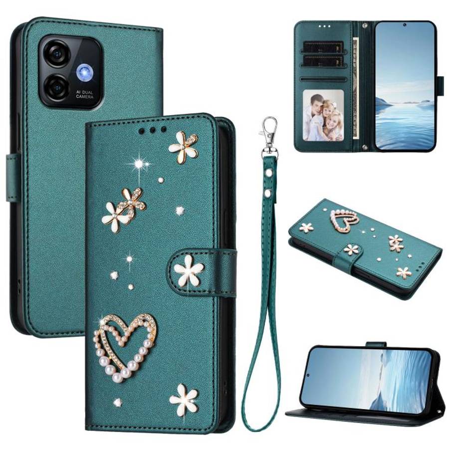 For Ulefone Note 16 Pro ZS01 Double-Layer Heart Floral Vegan Leather Phone Case with Wrist Strap(...