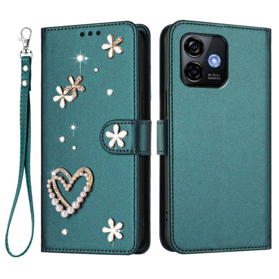 For Ulefone Note 16 Pro ZS01 Double-Layer Heart Floral Vegan Leather Phone Case with Wrist Strap(...