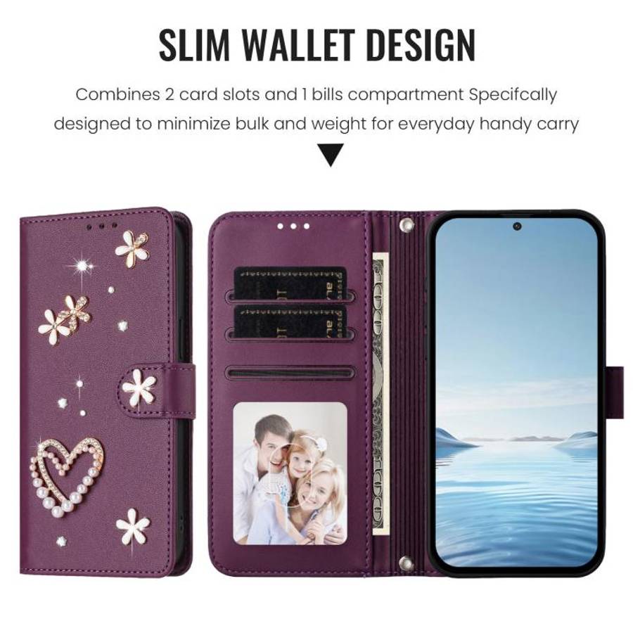 For Ulefone Note 16 Pro ZS01 Double-Layer Heart Floral Vegan Leather Phone Case with Wrist Strap(...