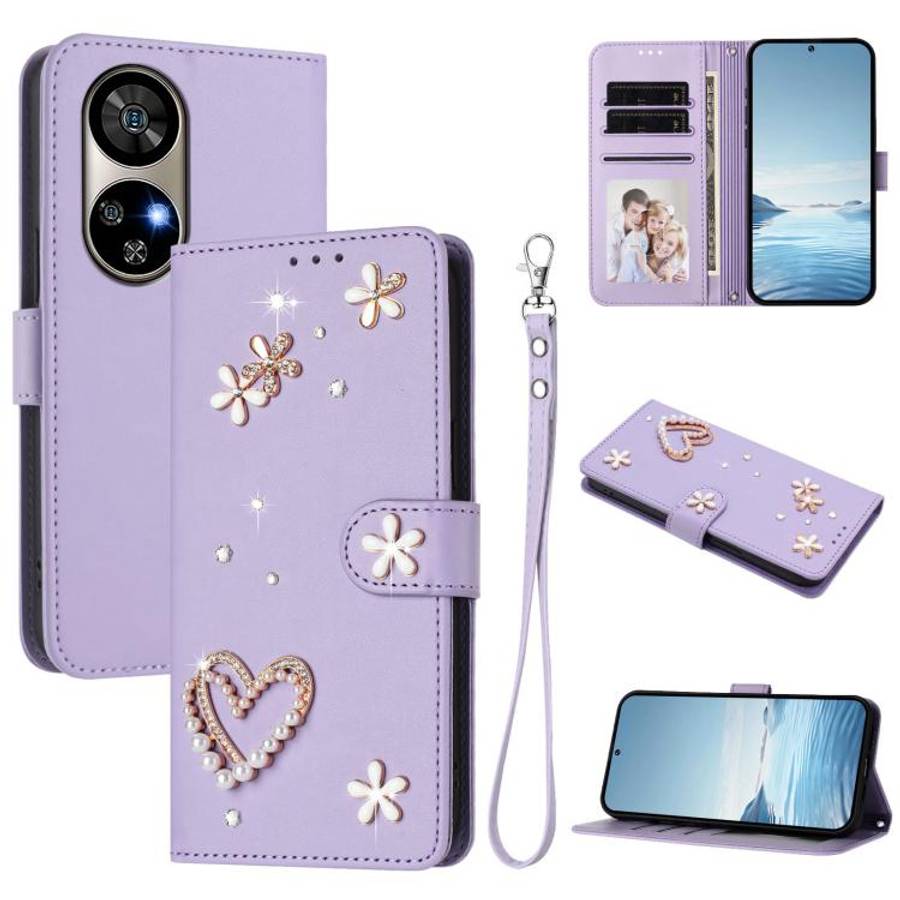 For Ulefone Note 17 Pro ZS01 Double-Layer Heart Floral Vegan Leather Phone Case with Wrist Strap(...
