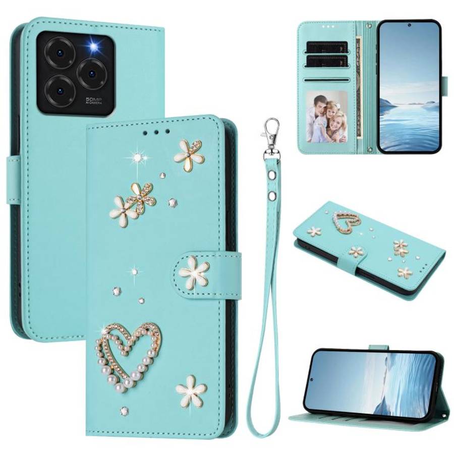 For Ulefone Note 20 Pro ZS01 Double-Layer Heart Floral Vegan Leather Phone Case with Wrist Strap(...