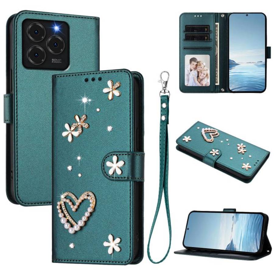 For Ulefone Note 20 Pro ZS01 Double-Layer Heart Floral Vegan Leather Phone Case with Wrist Strap(...