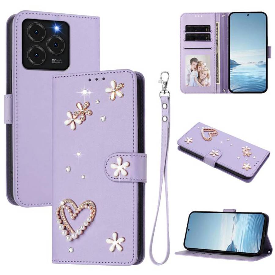 For Ulefone Note 20 Pro ZS01 Double-Layer Heart Floral Vegan Leather Phone Case with Wrist Strap(...