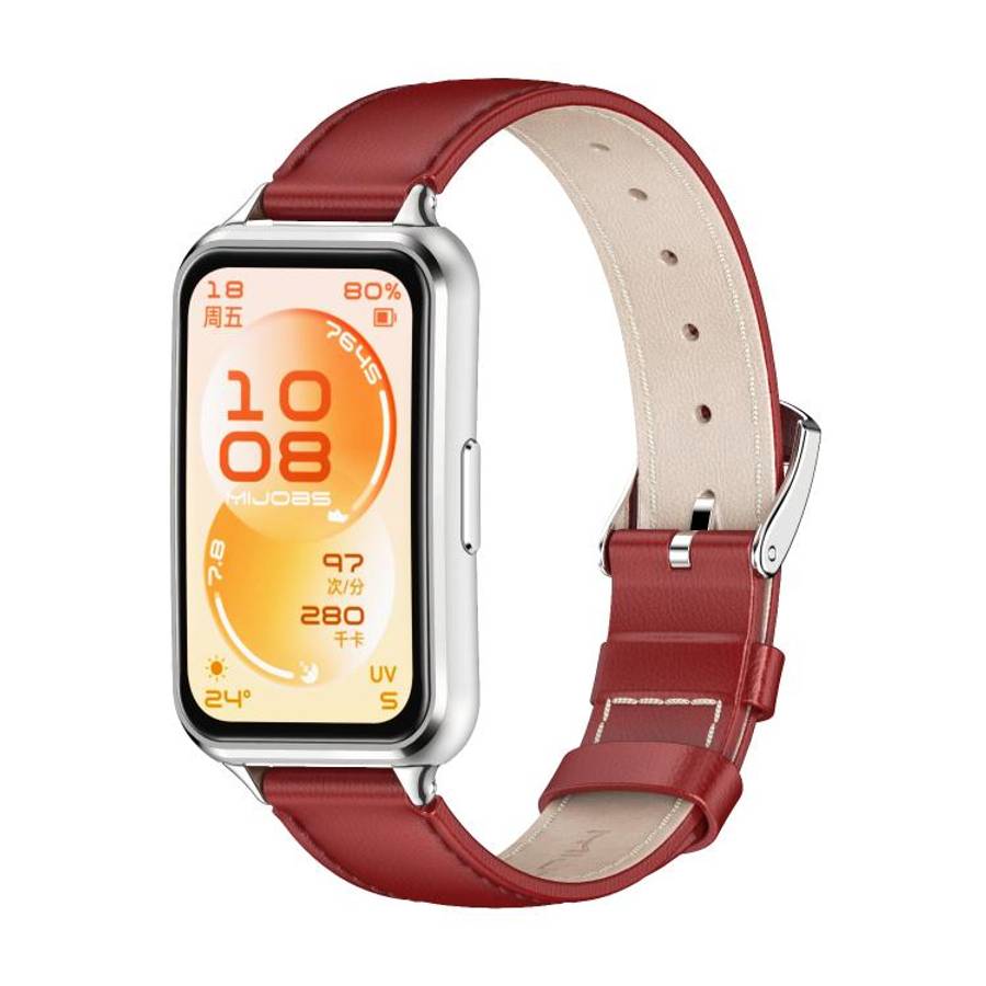 For Huawei Band 11 / Band 11 Pro MIJOBS Top Grain Cowhide Watch Band(Red Silver)