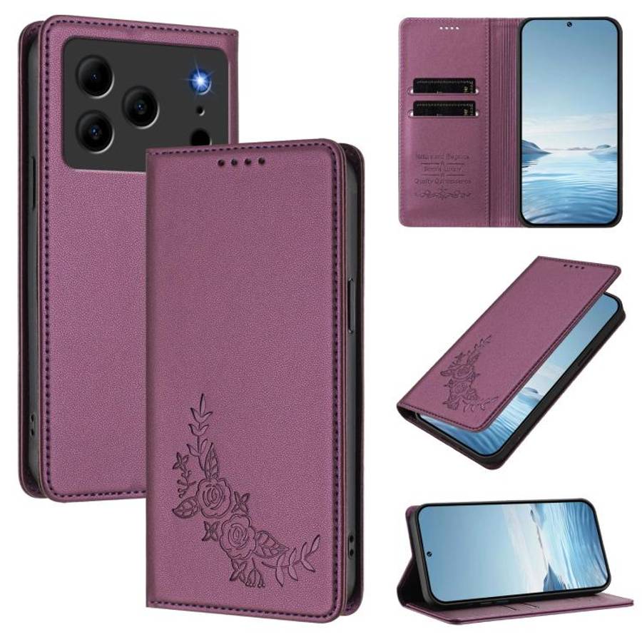 For Doogee Note 56 / Note 56 Pro Peony Embossed Magnetic RFID Vegan Leather Phone Case(Violet Pur...