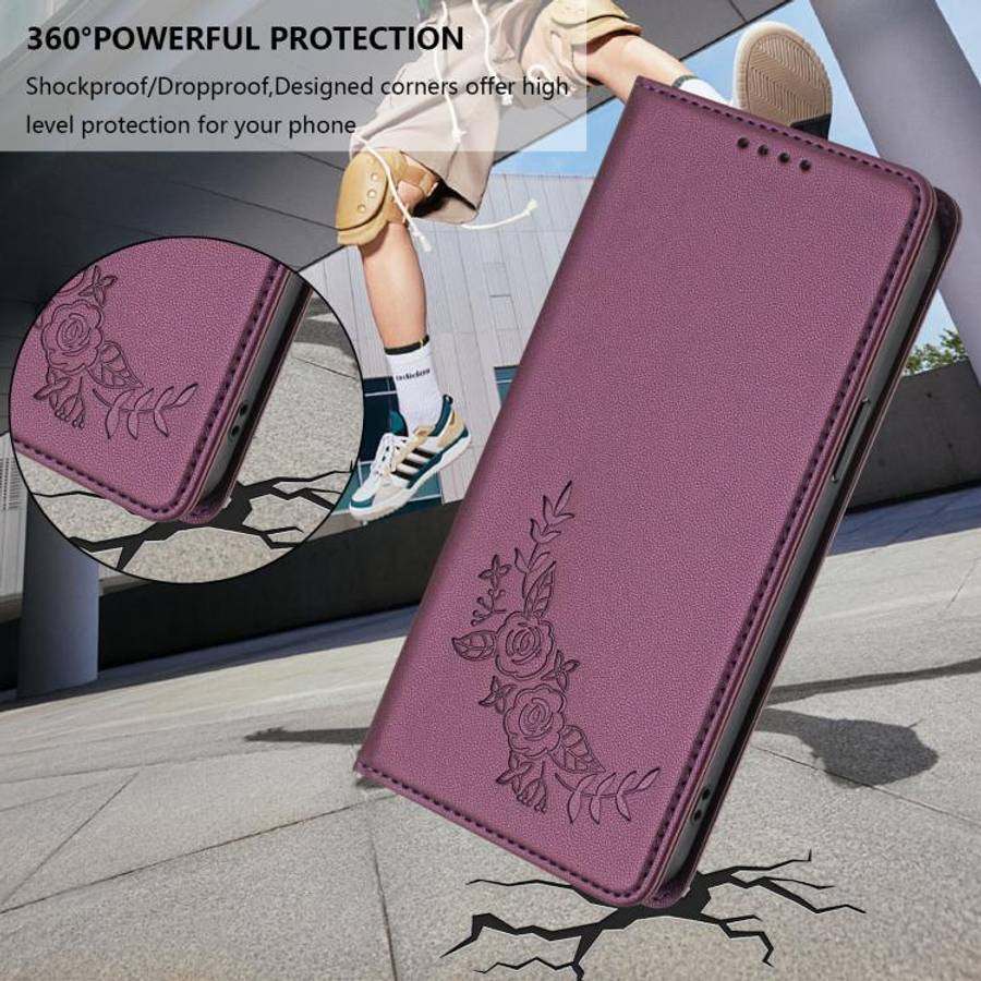 For Doogee Note 56 / Note 56 Pro Peony Embossed Magnetic RFID Vegan Leather Phone Case(Violet Pur...