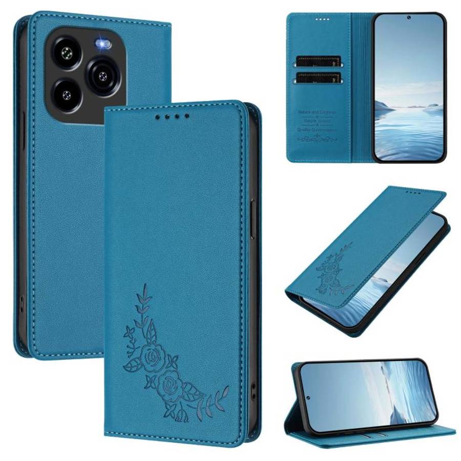 For Oukitel C65 / C65 Pro Peony Embossed Magnetic RFID Vegan Leather Phone Case(Lake Blue)