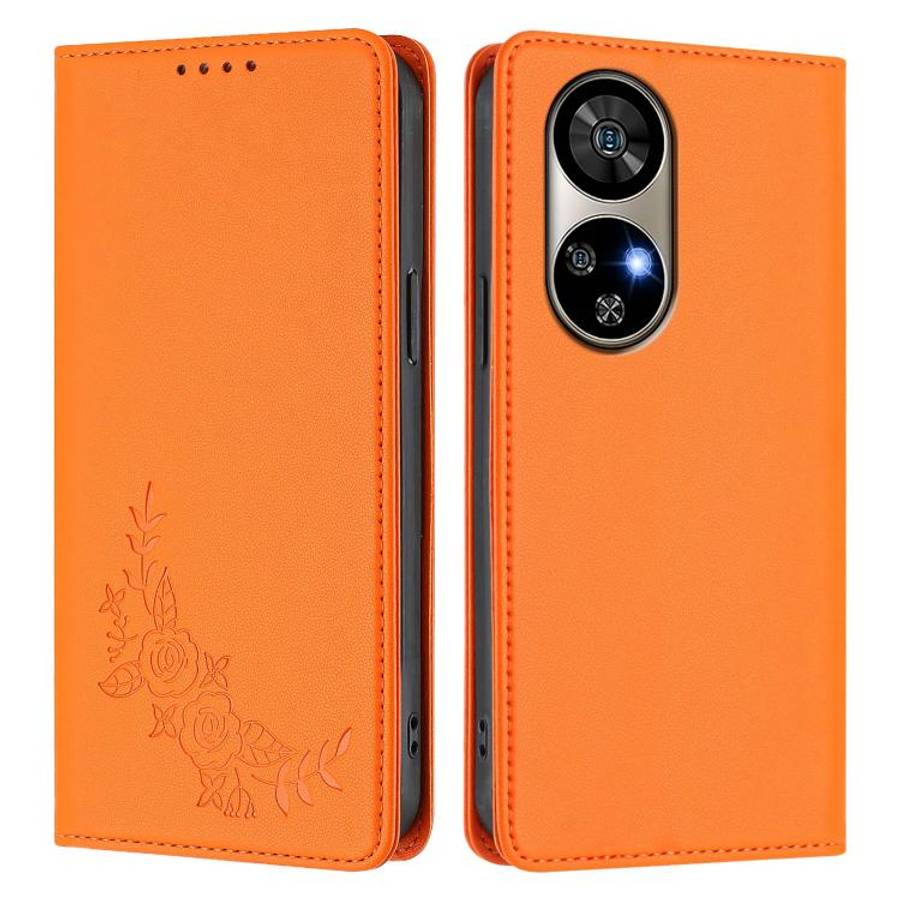 For Ulefone Note 17 Pro Peony Embossed Magnetic RFID Vegan Leather Phone Case(Orange)