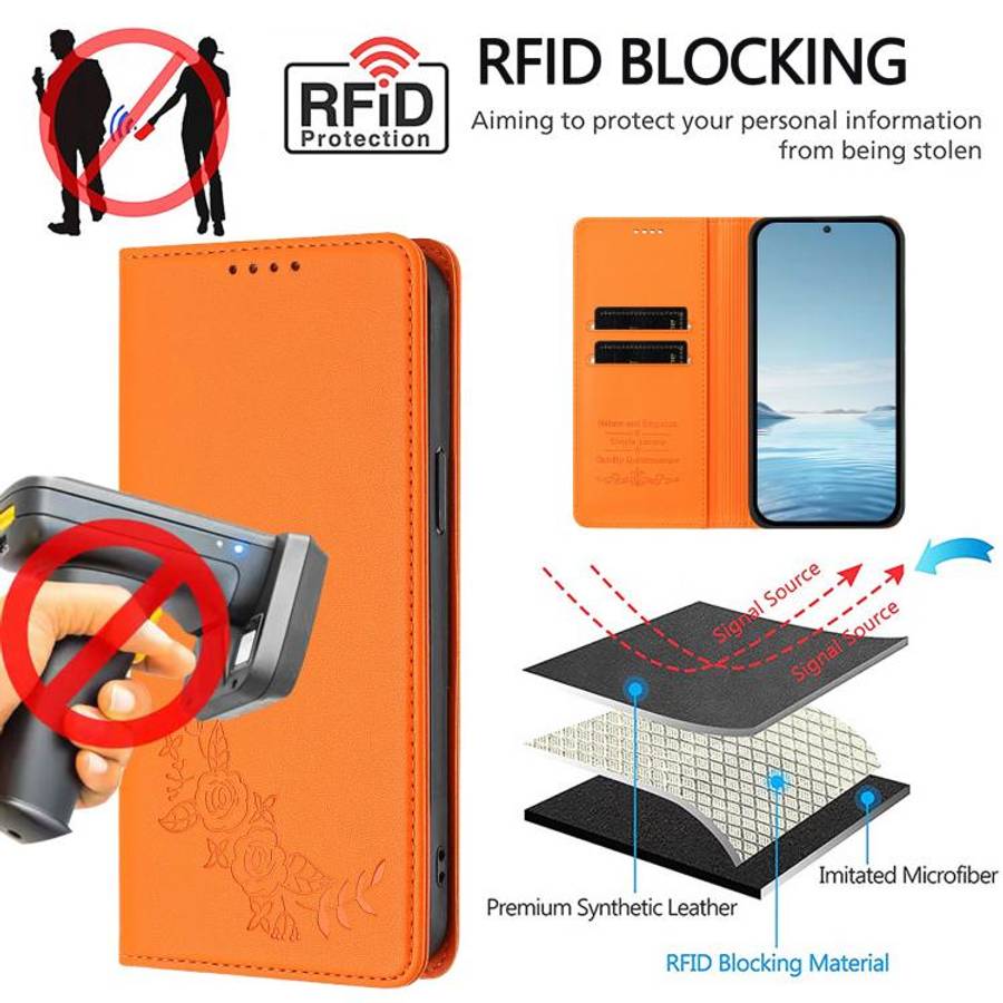 For Ulefone Note 17 Pro Peony Embossed Magnetic RFID Vegan Leather Phone Case(Orange)