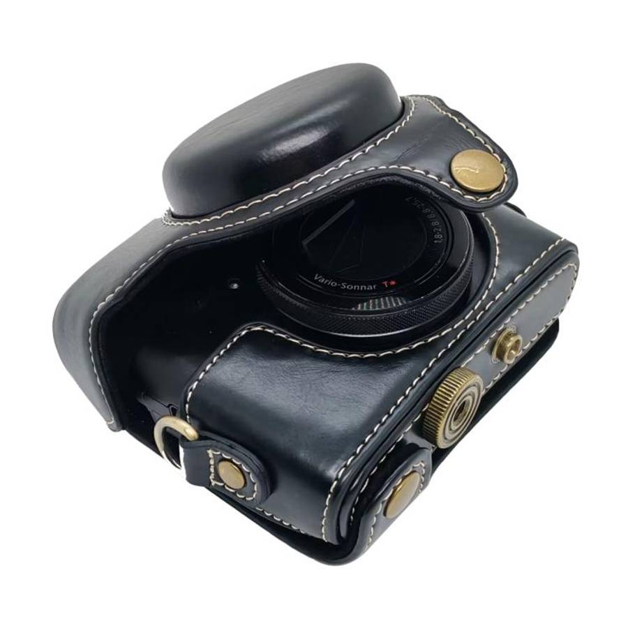 For Sony RX100 M7 / RX100 VII Full Body Retro Vegan Leather Camera Case Bag with Strap(Black)