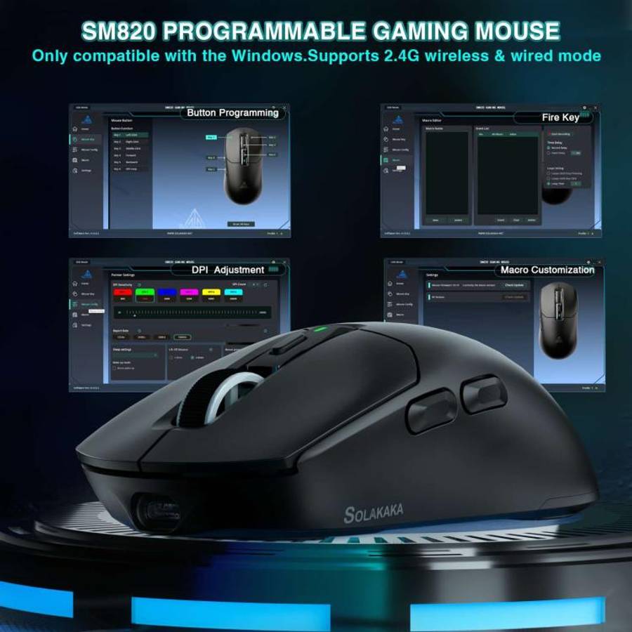 SOLAKAKA SM820 Tri-Mode 22000DPI 1000Hz Wireless Gaming Mouse with RGB Charging Dock(Black)