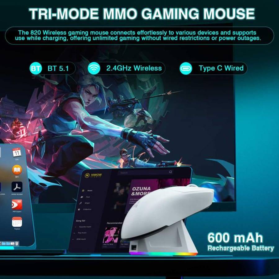 SOLAKAKA SM820 Tri-Mode 22000DPI 1000Hz Wireless Gaming Mouse with RGB Charging Dock(White)