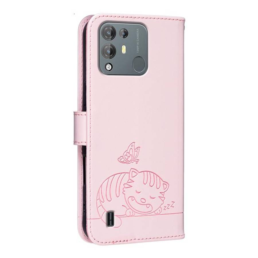 For Blackview A55 Pro Cat Butterfly Embossed RFID Vegan Leather Phone Case with Strap(Pink)