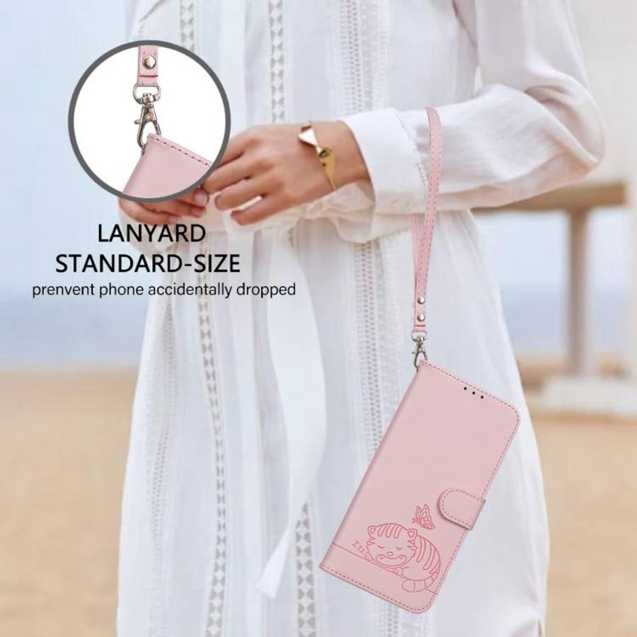 For Blackview A55 Pro Cat Butterfly Embossed RFID Vegan Leather Phone Case with Strap(Pink)