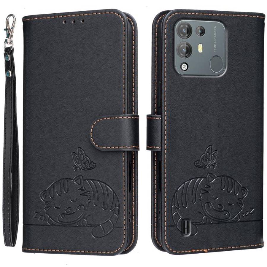 For Blackview A55 Pro Cat Butterfly Embossed RFID Vegan Leather Phone Case with Strap(Black)